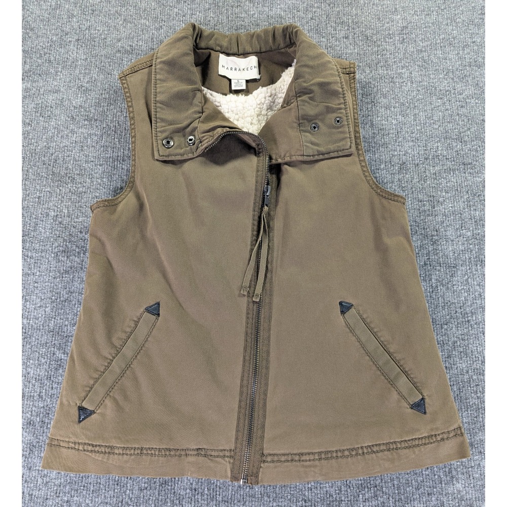 Marrakech Anthropologie Womens Small Sherpa Lined Vest Olive Green Cotton